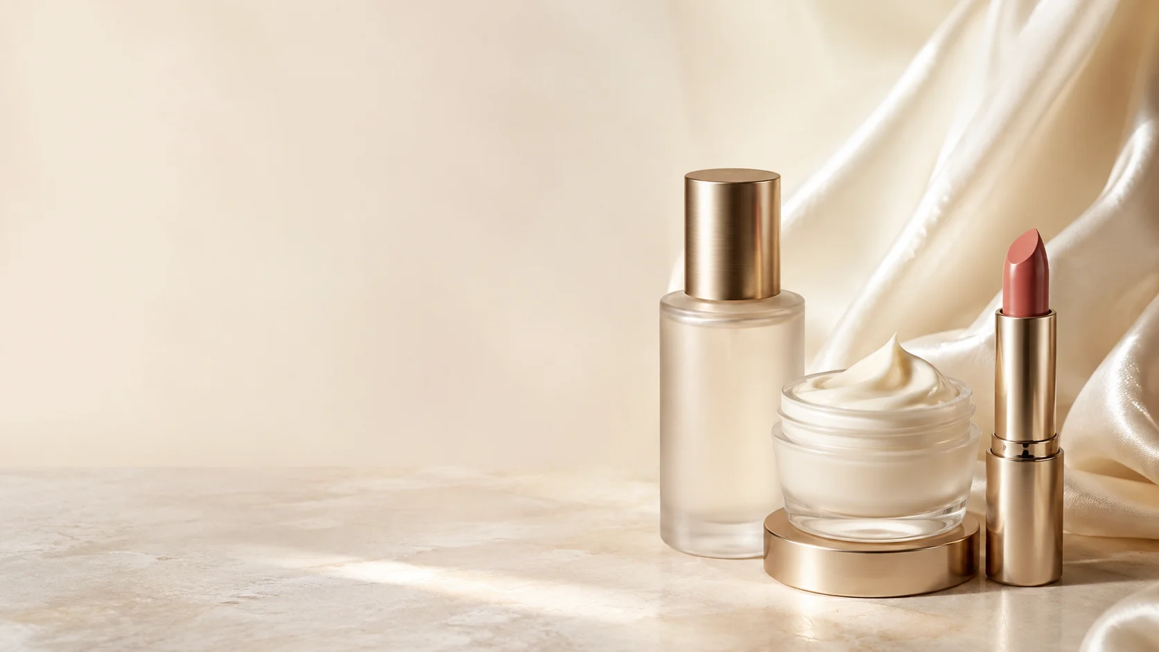 Sheenyl serum, face cream and lipstick in a warm ivory beauty setting